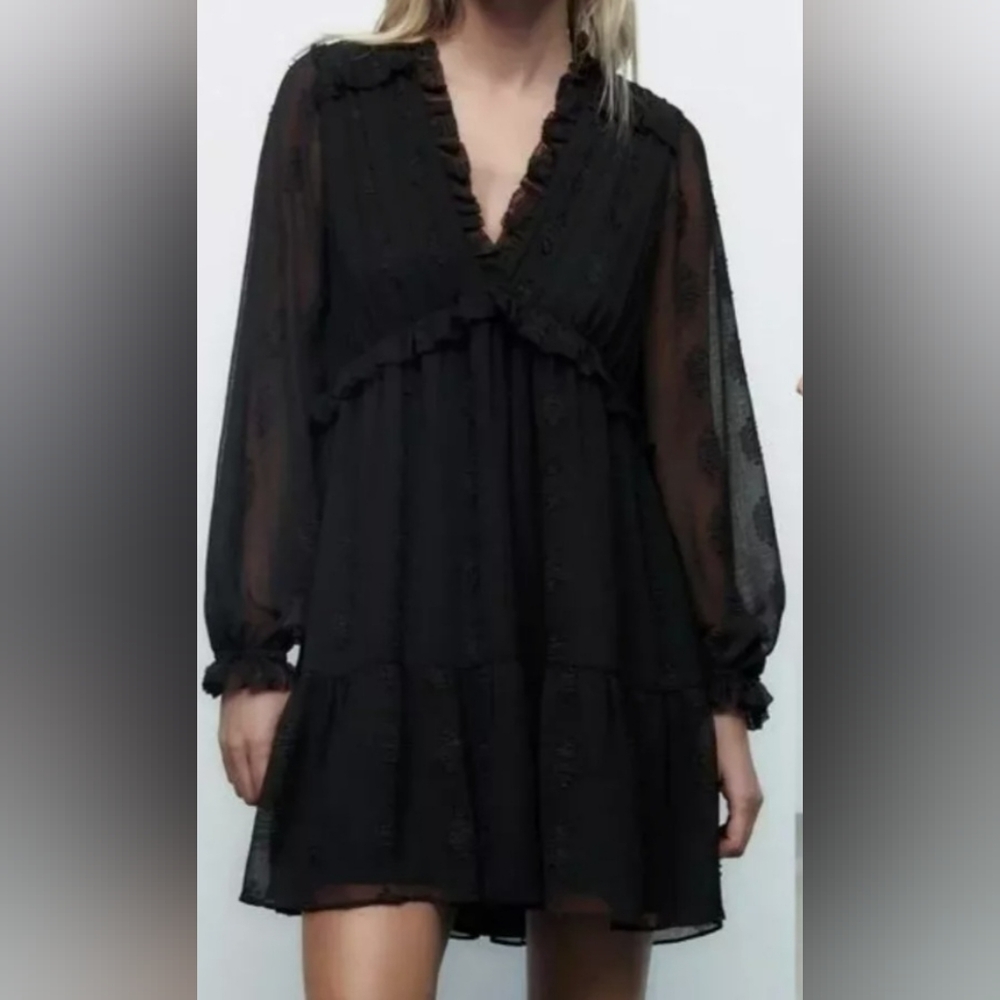 ZARA NWOT MINI BABYDOLL BLACK DRESS, SHEER FABRIC Lined Romantic Whimsy Goth